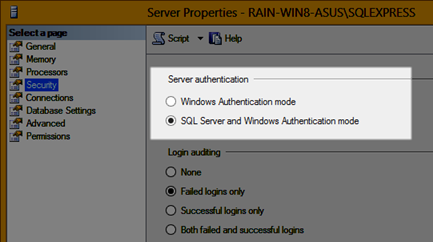 Select SQL Server and Windows Authentication mode