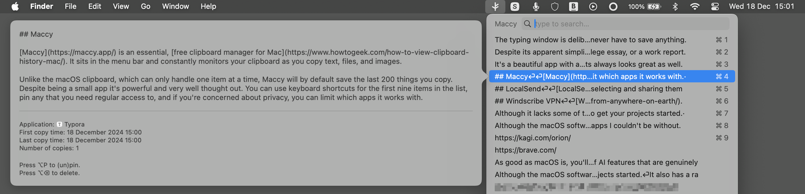 The Maccy clipboard manager for Mac
