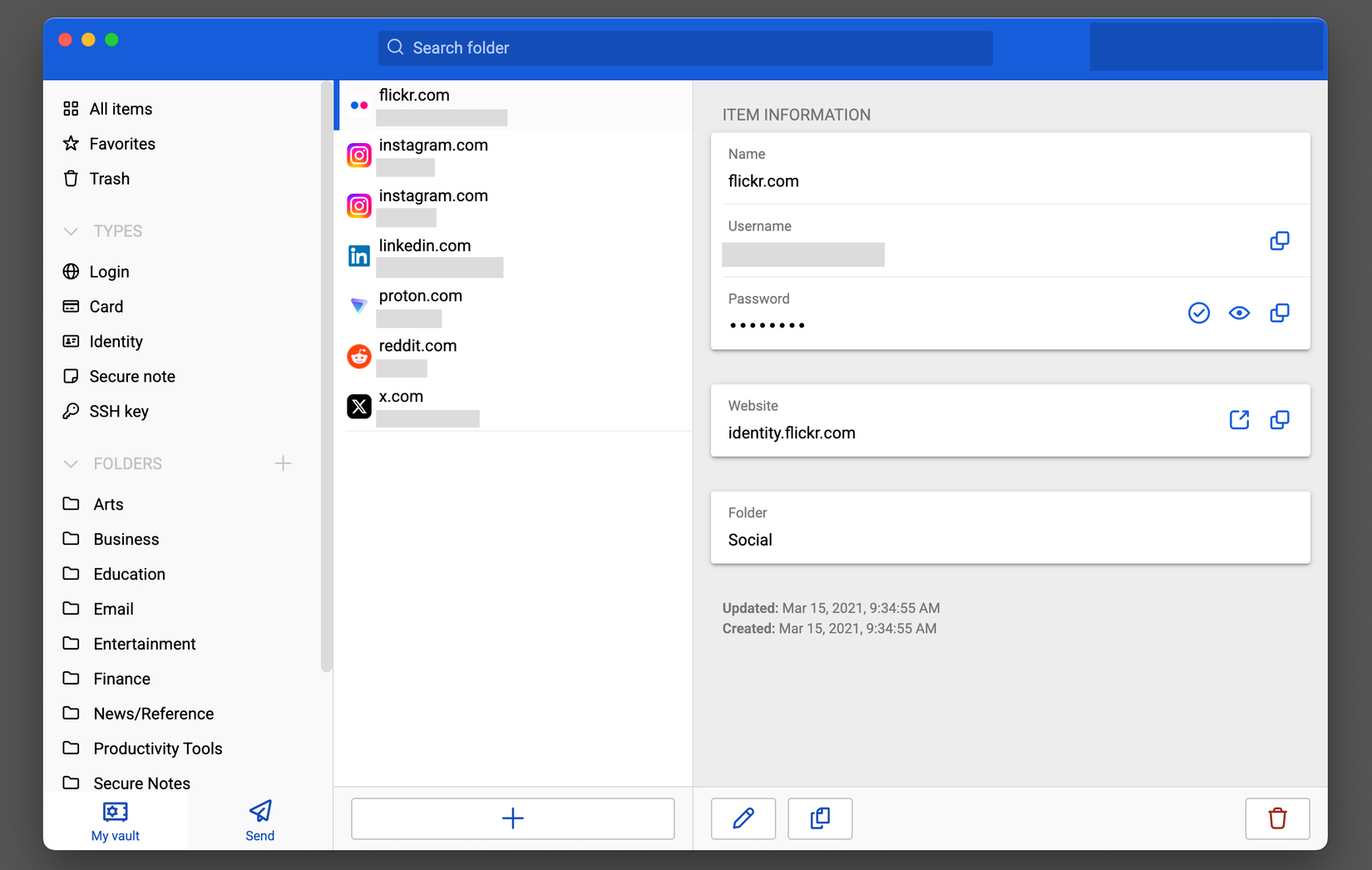 The BitWarden password management screen. 