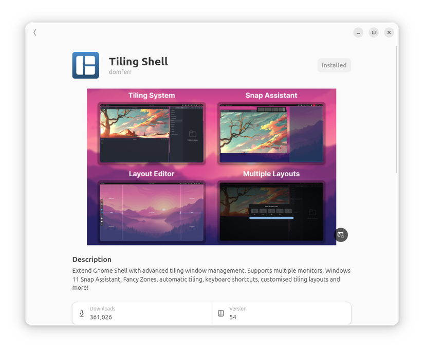 Tiling Shell GNOME Extension install page.