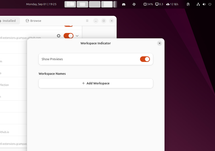 Workspace Indicator extension adding a workspace switcher to Ubuntu panel.