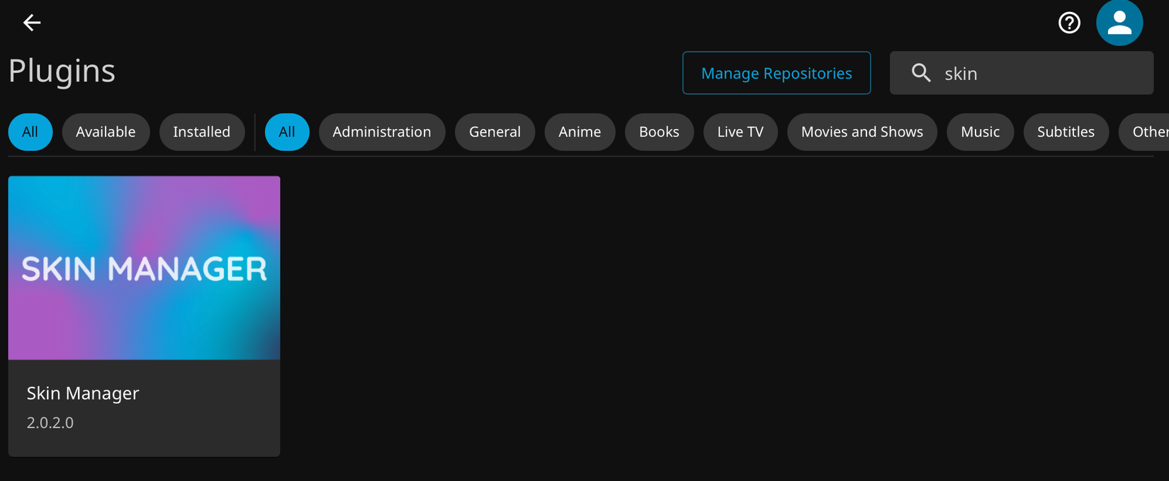 Installing the Jellyfin Skin Manager plugin.