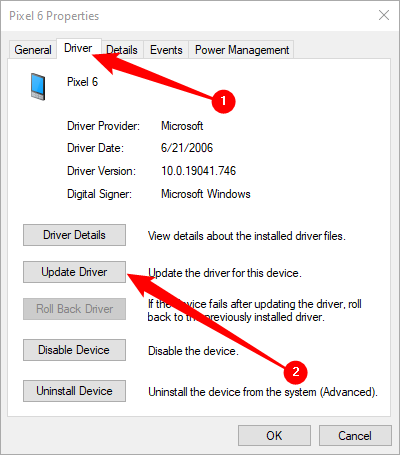 Open the "Drive" tab, then click "Update Driver."
