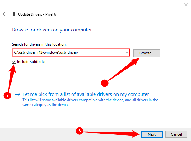 Browse to the local drivers, tick "Include Subfolders," then click "Next" to install the drivers manually. 