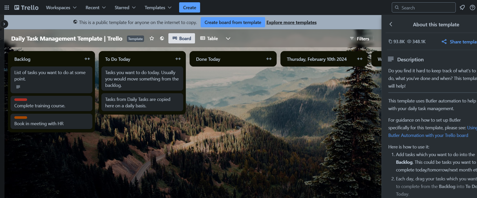 Trello daily task management template demo showing "backlog", "to do today", "done today", and more.