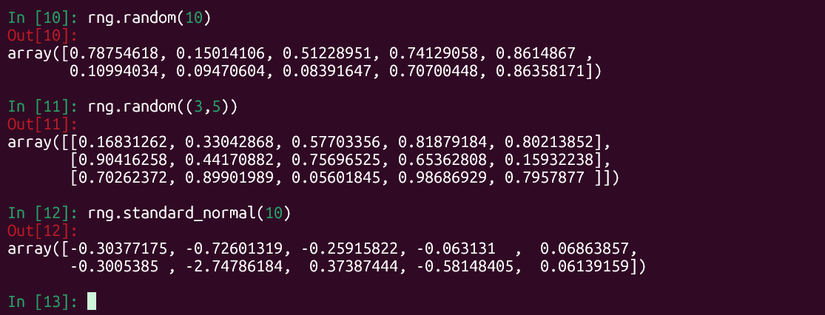 Creating a NumPy random number generator object and generating arrays of random numbers.