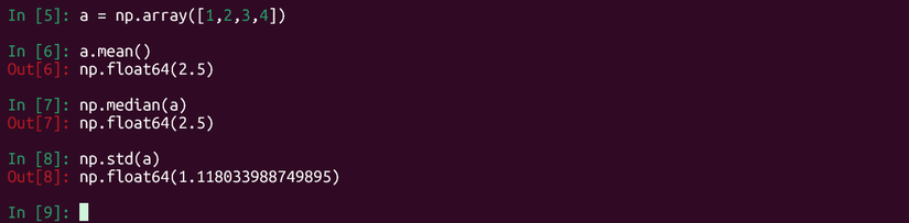 Numpy descriptive statistics calculations in IPython.