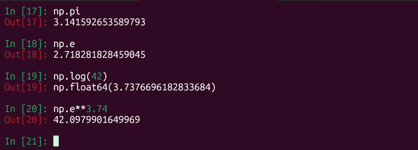 Calulations with NumPy pi and e constants.