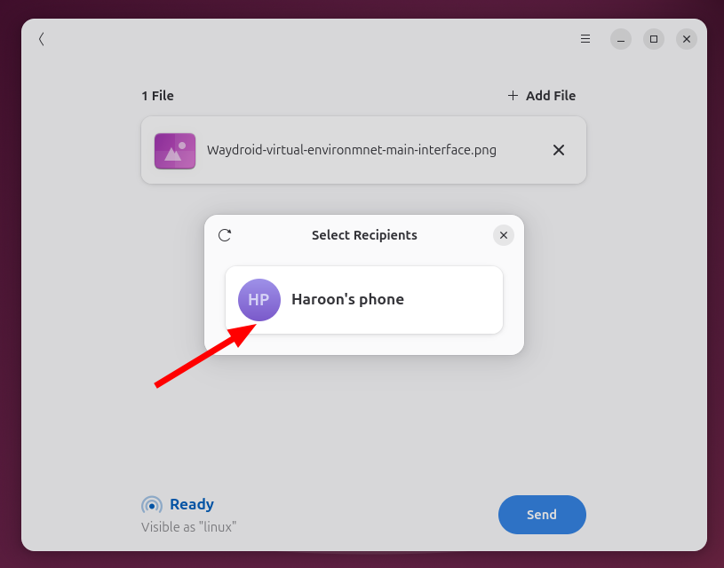 Selecting target phone and sending files on Packet Linux