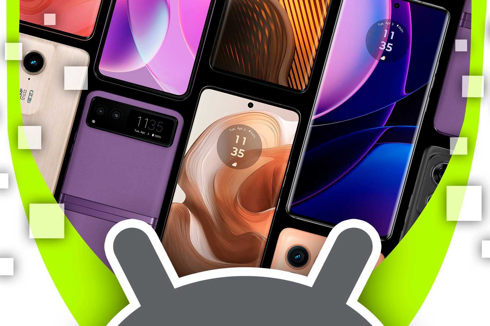 Some Motorola Phones and the Android logo. 