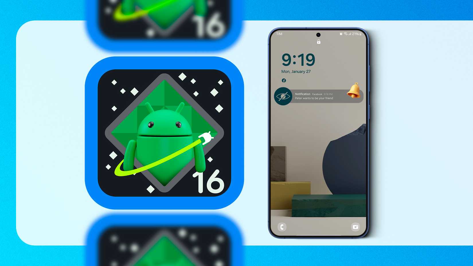 On the left, the Android 16 logo with its mascot, and a smartphone on the right.