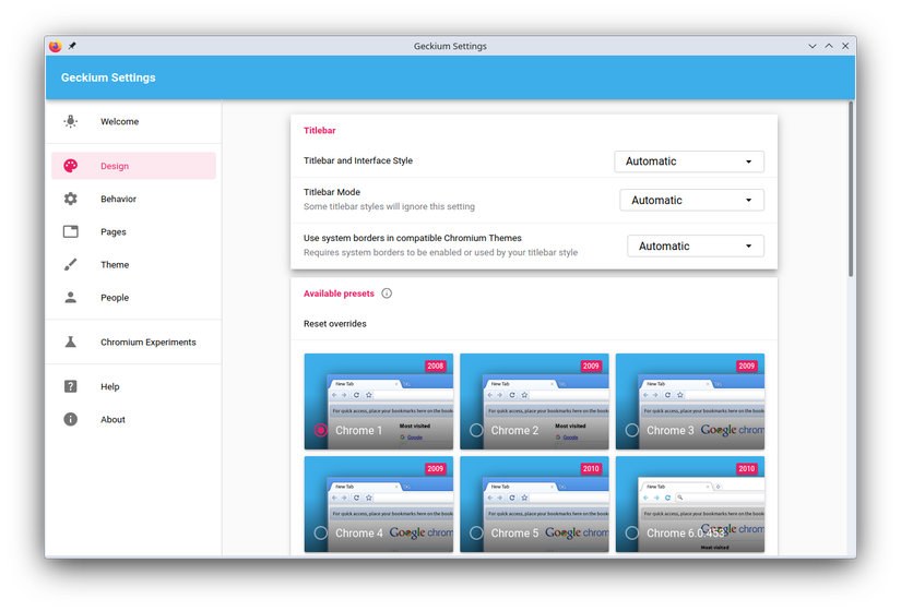 Geckium settings dialog showing several versions of Chrome theming available.