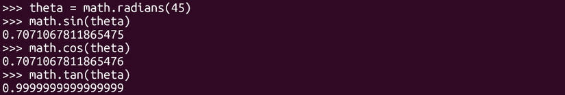 Sine, cosine, and tangent functions from the math library demonstrated in the Python terminal.