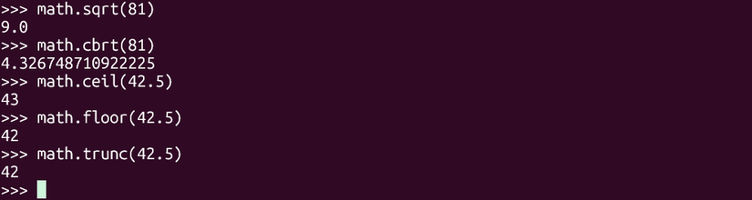 Square roots, cube roots, ceiling, floor, truncation operations with the Python math library.