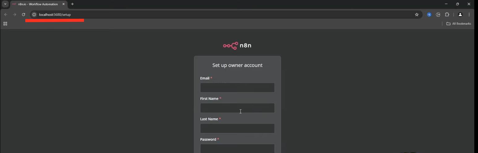 Screenshot of a browser window showing a "Set up owner account" page for n8n, a workflow automation tool. The form requires email, first name, last name, and password.