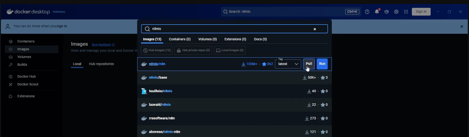 Docker Desktop interface showing a search for "n8nio" under Images. Several container images are listed with download and star counts. Options to Pull and Run the selected image are visible.