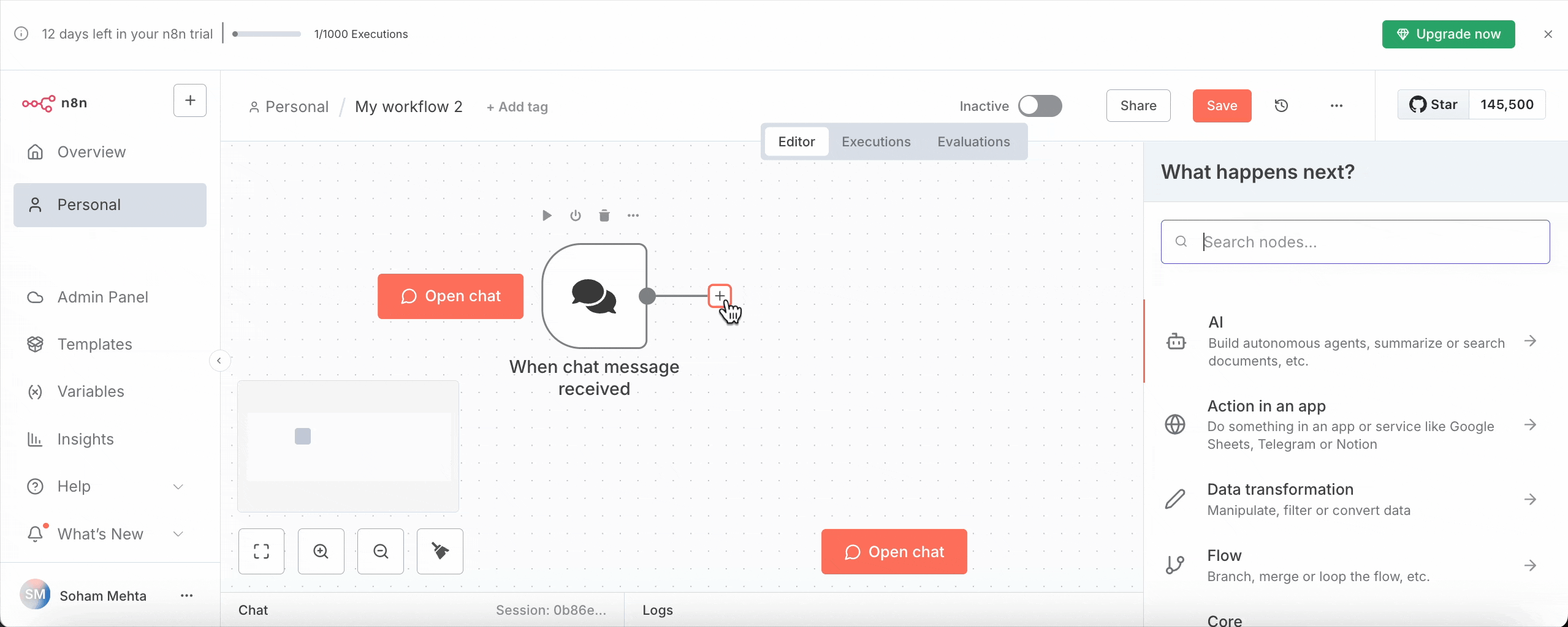 Click "AI agent" node and select the OpenAI chat model 