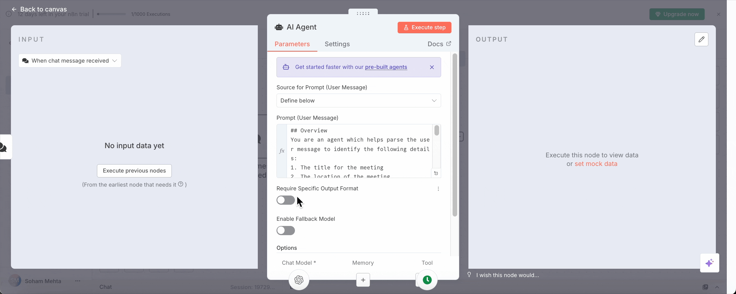 Screenshot of an AI agent interface with a dialogue box showing parameters such as source for the user message and options for enabling specific output format. The workspace also displays input and output sections with no data.