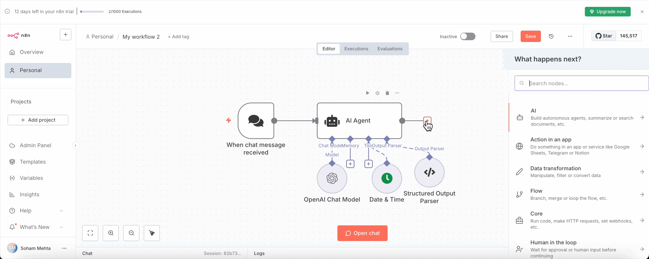Workflow automation interface displaying a chat message integration with an AI agent, using nodes for OpenAI Chat Model, Date & Time, and Structured Output Parser. Sidebar shows options for AI, app actions, data transformation, and more. A save button and trial information are visible at the top. Add "Google Calender" create event node