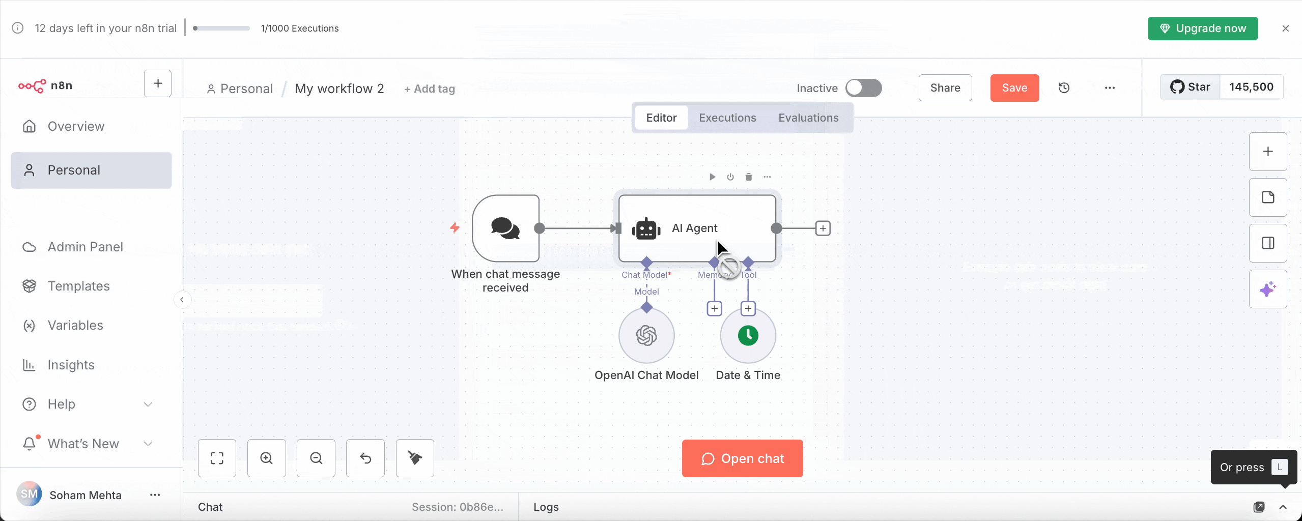 User interface of the n8n workflow editor displaying a workflow named "My workflow 2." The screen shows nodes including "When chat message received," "AI Agent," and connections to OpenAI Chat Model and Date & Time. The user is interacting with the interface, and various menu options are visible on the left sidebar.