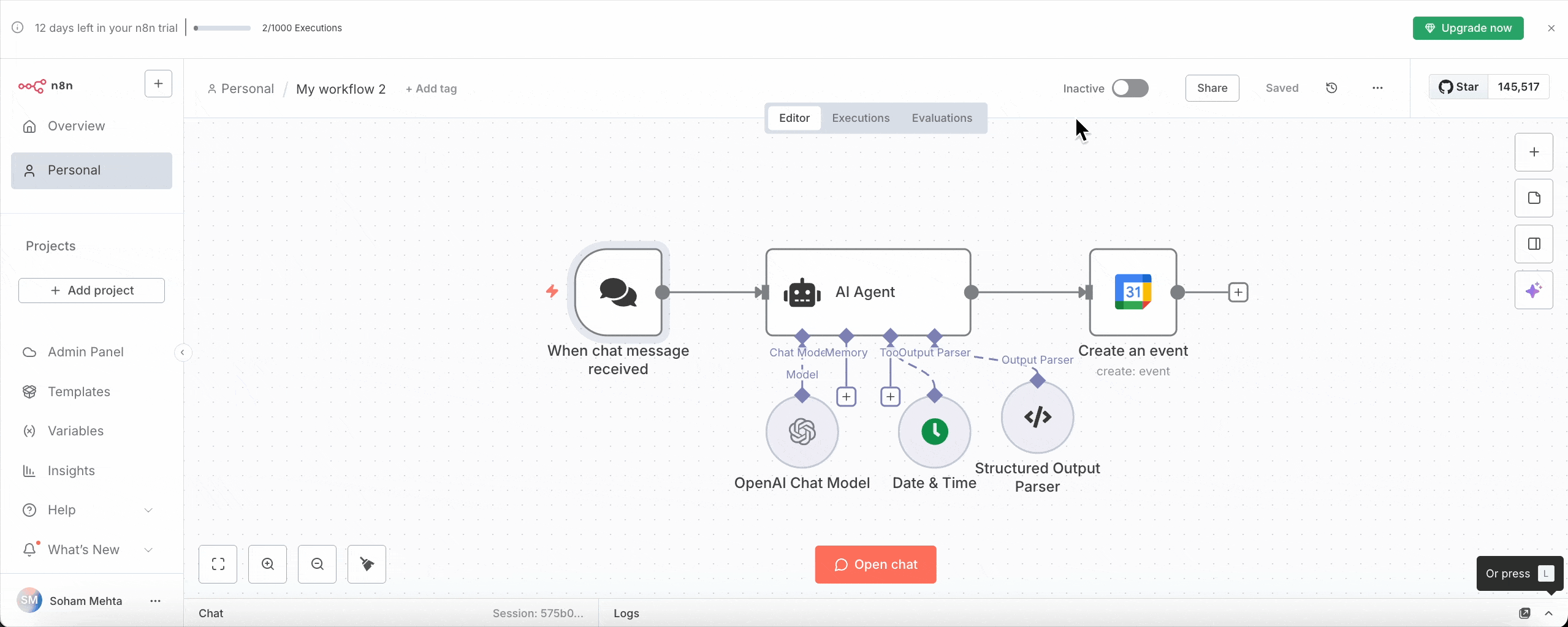 A workflow automation setup in n8n showing a process where a chat message triggers an AI agent, which interacts with the OpenAI Chat Model and a Structured Output Parser to create an event. The interface includes various options like adding projects, templates, and accessing the admin panel.