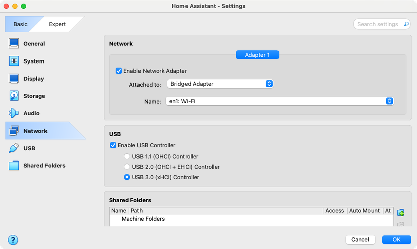 Changing the network settings in VirtualBox.