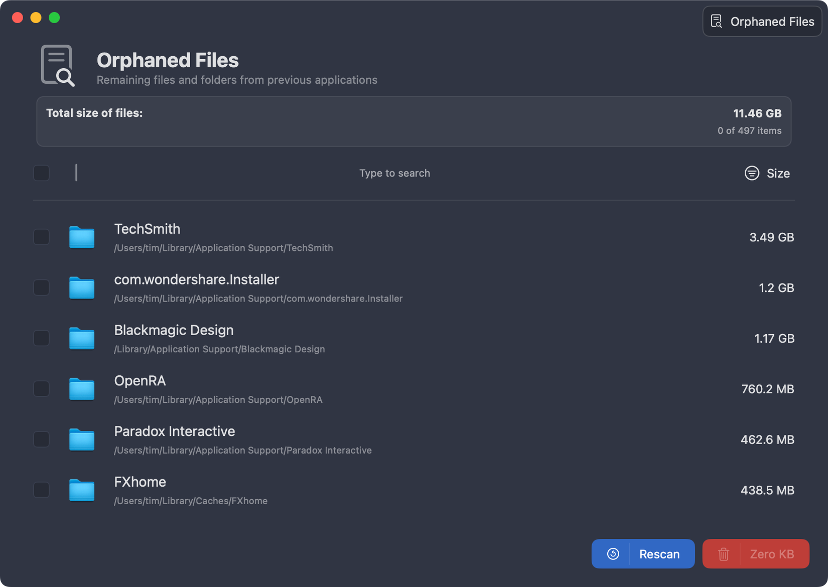 Orphaned file cleanup in PearCleaner for macOS.