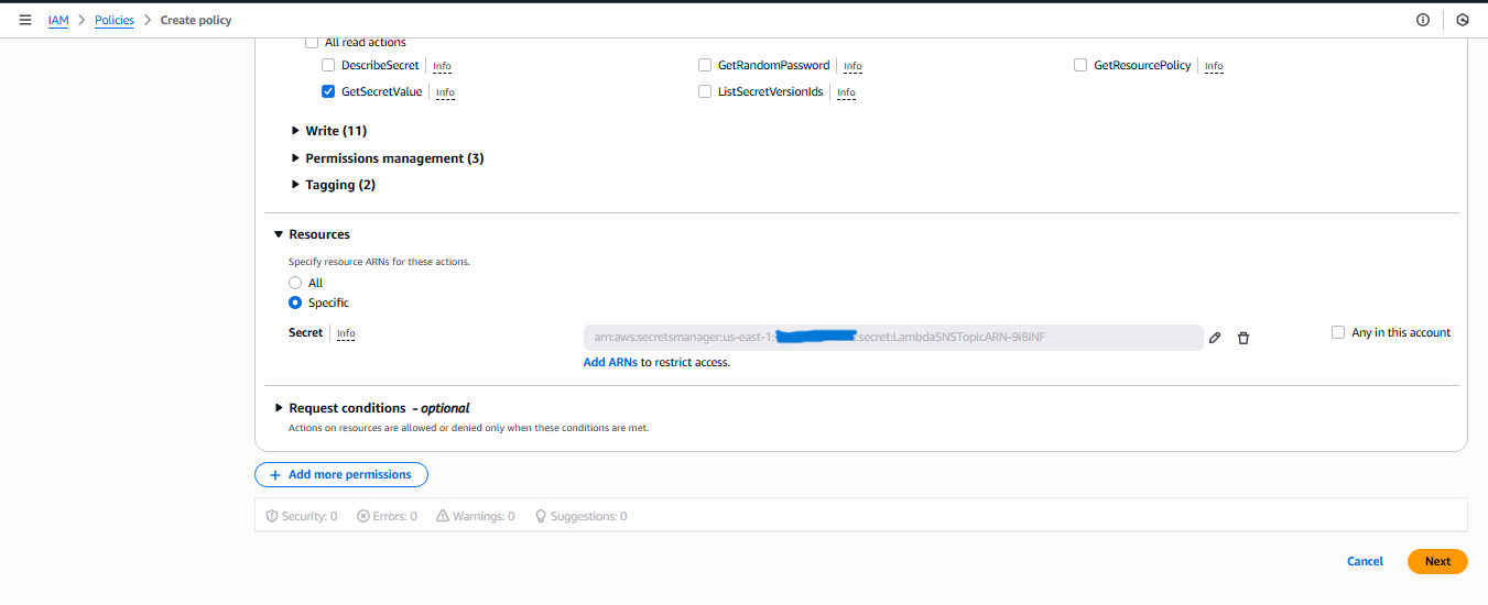Policy Editor - Add Secrets Manager ARN