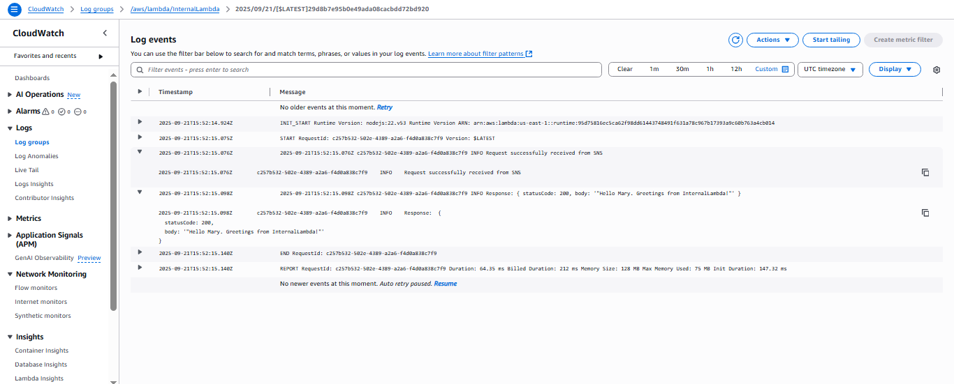CloudWatch Logs - Output from InternalLambda