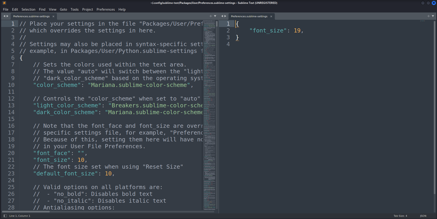 JSON files for customizing different settings in Sublime Text.