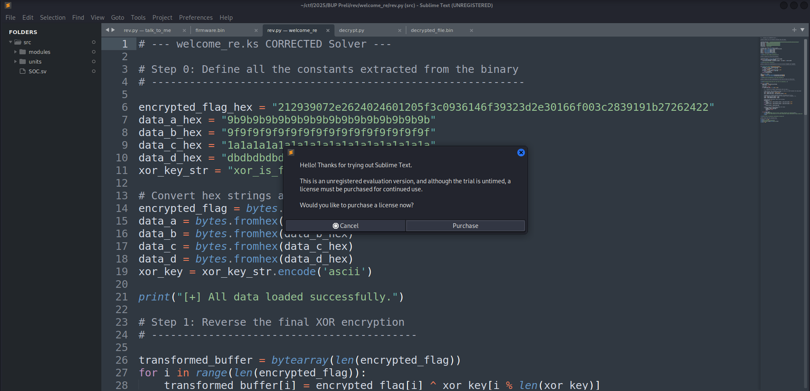 An instance of a pop up asking the user to buy a license for Sublime Text.
