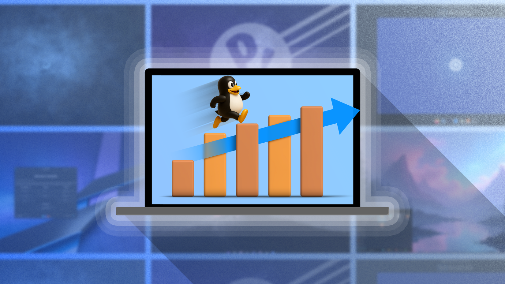 A laptop with a bar graph and the Linux mascot running above it, with some Linux distros blurred in the background.