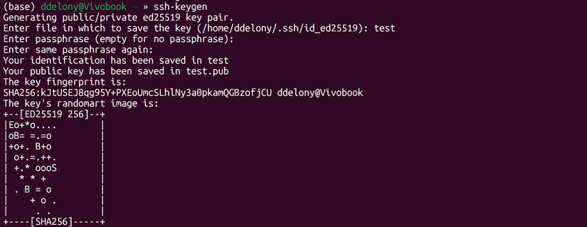 SSH-keygen generating a key saved to a file called "test."