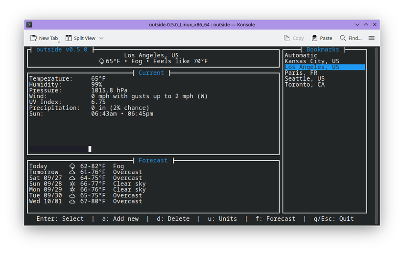 The outside utility showing weather forecasts in a Linux terminal.
