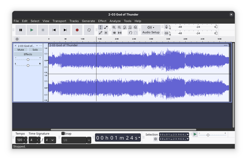 Audacity on Linux showing a music file open for editing.