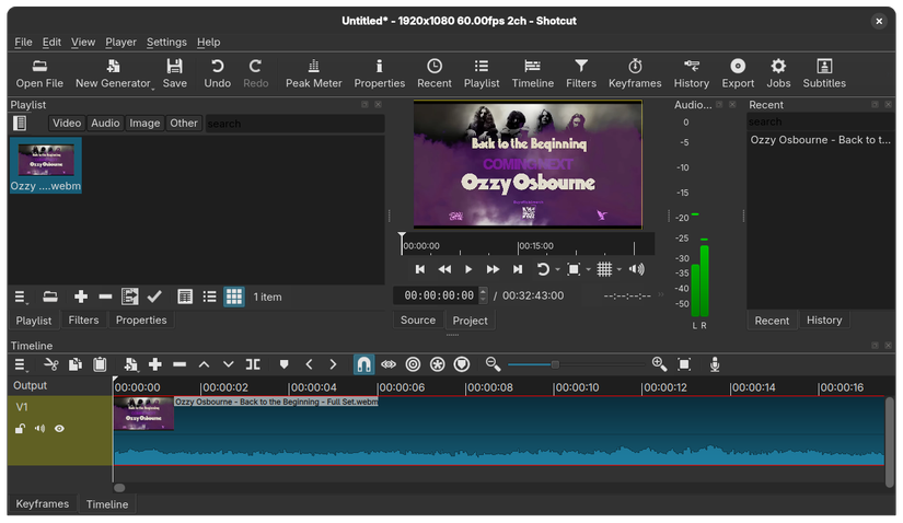 Shotcut with a video file open showing the main editing screen.
