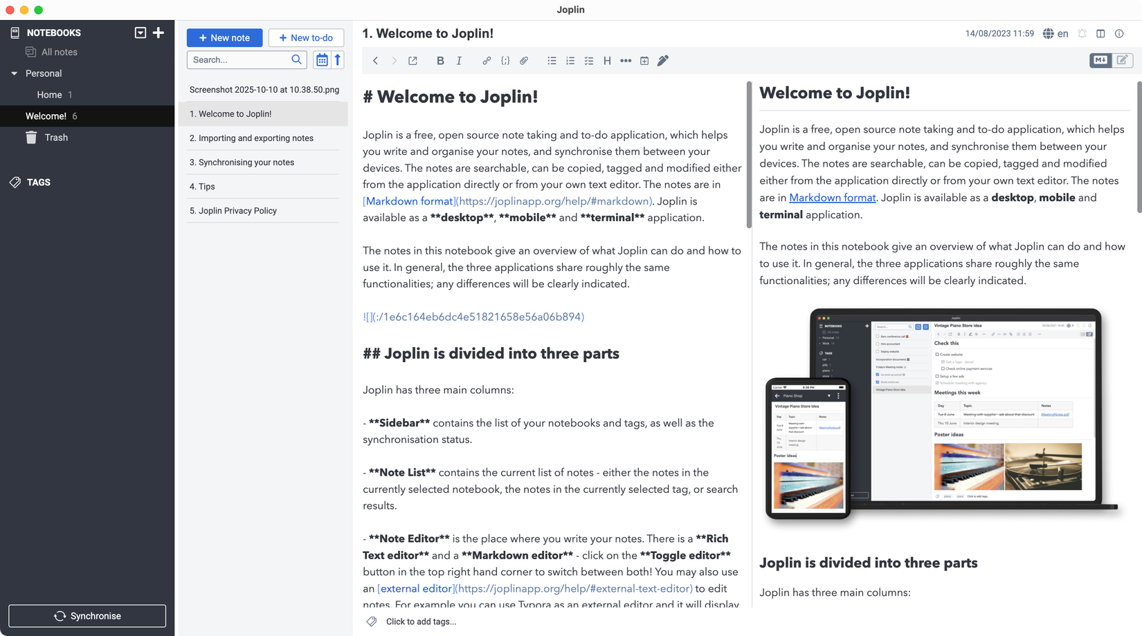 Open-source note-taking app Joplin running on a Mac.-1
