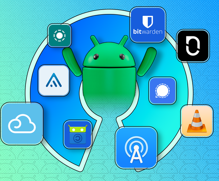 Android mascot emerging from the open-source icon, with various app logos around it.