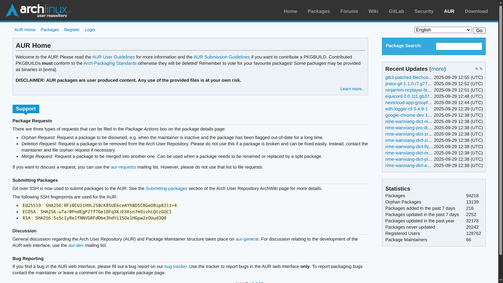 The AUR Arch User Repository Homepage. 