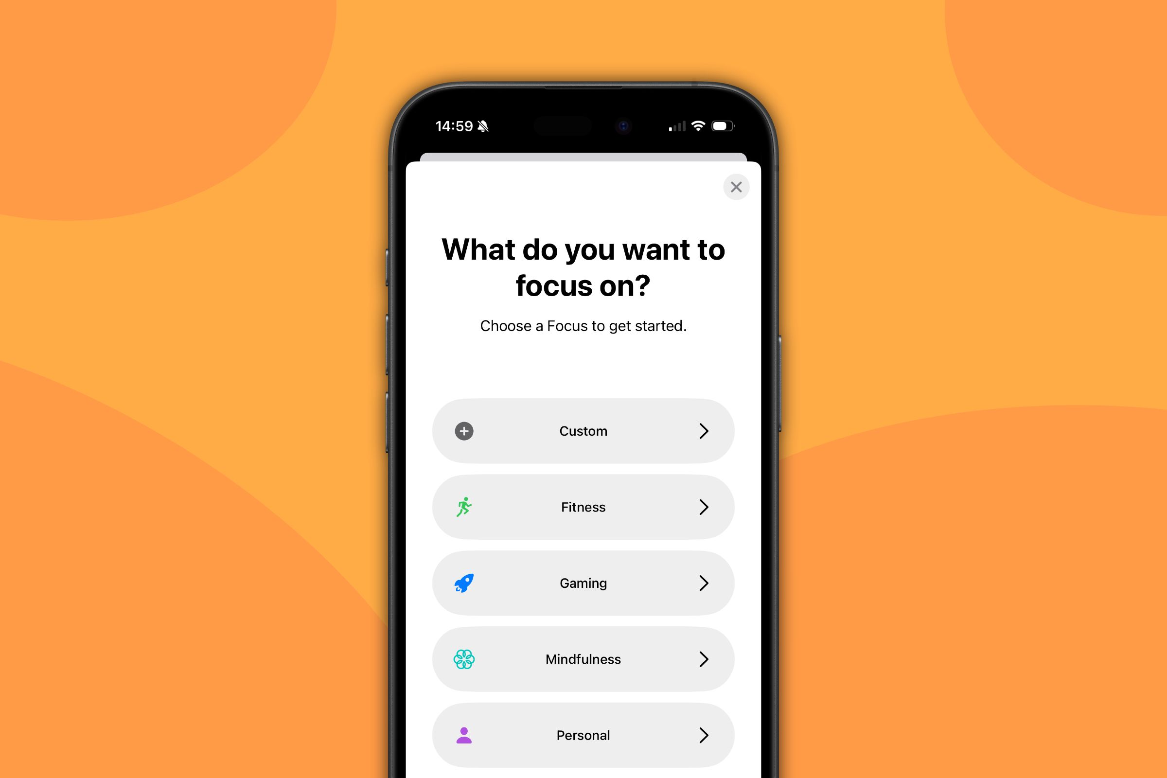 Focus mode options on an iPhone in front of a colorful background.