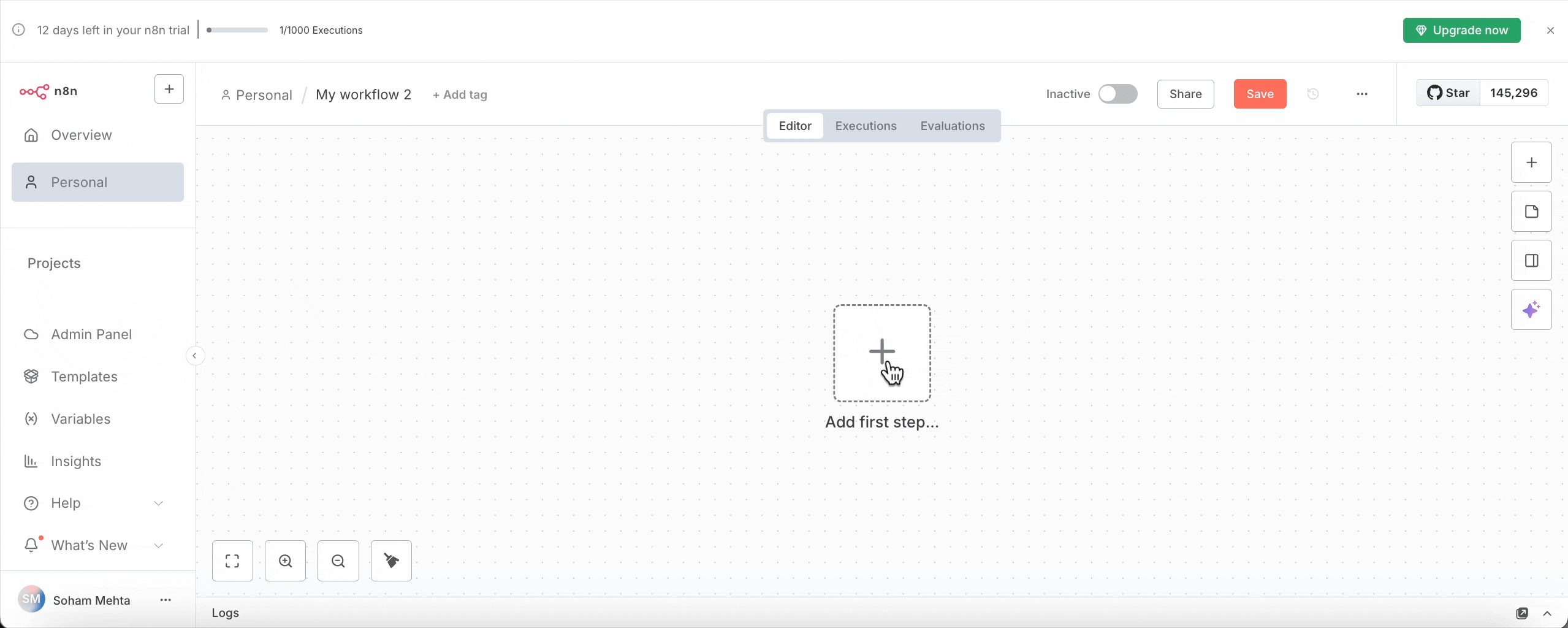 n8n workflow where you click "On chat mesage" as starting node