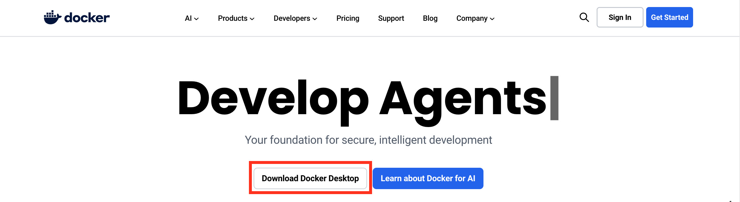 Screenshot of the Docker website showing navigation links and buttons for "Download Docker Desktop" and "Learn about Docker for AI" under the heading "Develop Agents".