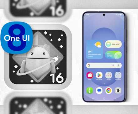 One UI 8 logo on top of Android 16 logo next to a Samsung phone