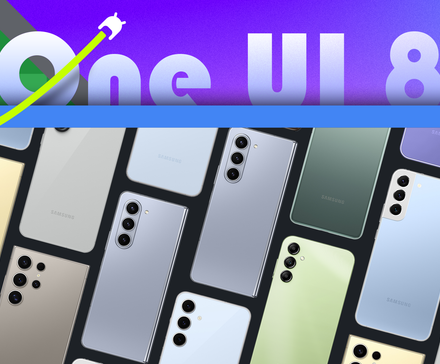 A stylized layout featuring the Android 16 logo, 'One UI 8' in the center, and several Samsung phones side by side.