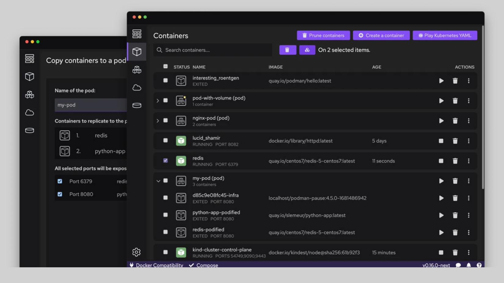Two screenshots of Podman showing running containers.