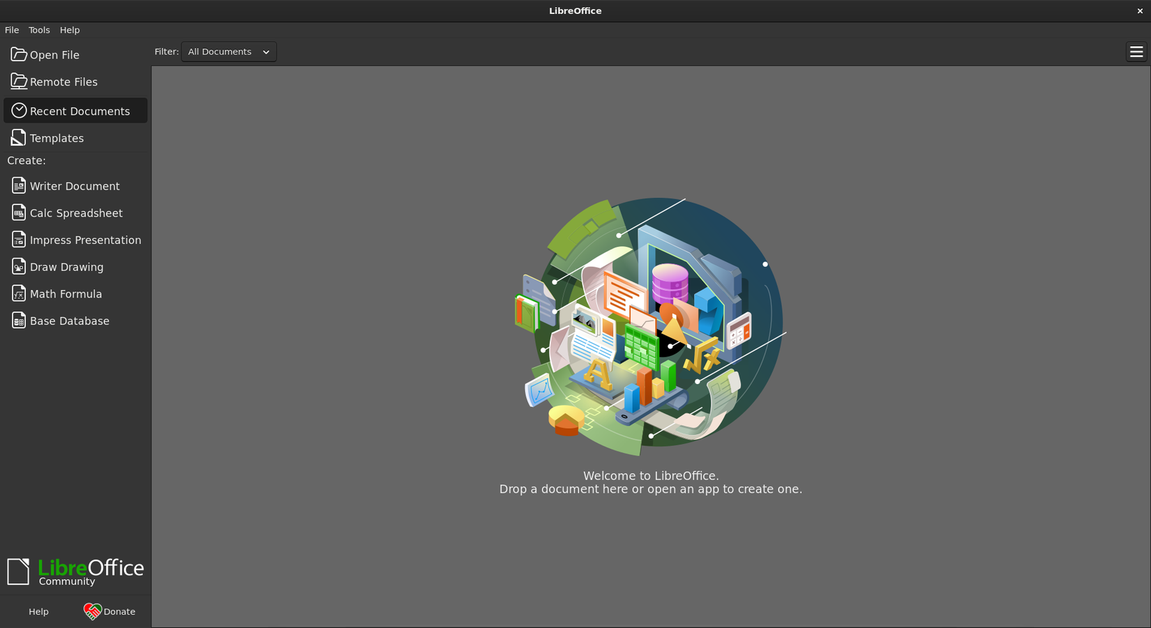 Libre Office launch screen showing options for loading and creating files.
