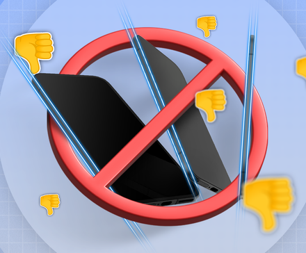 Three thin phones crossed out with thumbs-down icons around them.