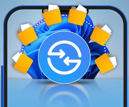 A phone screen with the Quick Share logo, some file folders around it, and the Windows 11 wallpaper in the background.