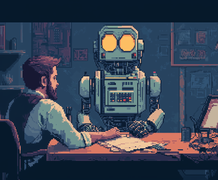 AI-generated pixel art of a man talking to a robot, both seated at a table.