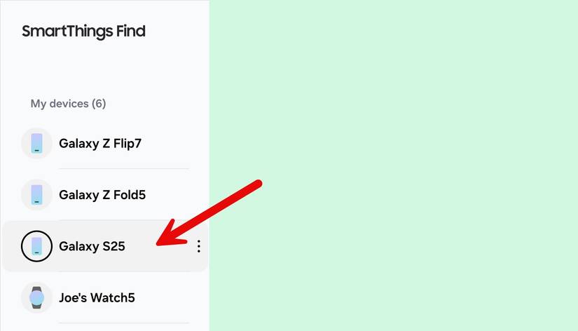 Select phone in SmartThings Find.